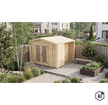 Gartenhaus aus Holz mit Doppeltür und angebautem Schleppdach auf einer Holzterrasse in einem modernen Garten mit Hochbeet. (Image AI modified or generated)