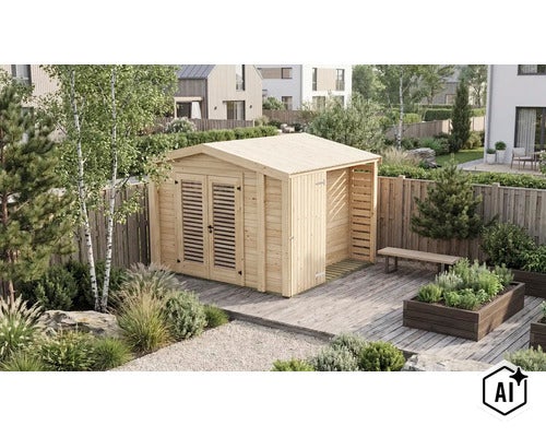 Gartenhaus aus Holz mit Doppeltür und angebautem Schleppdach auf einer Holzterrasse in einem modernen Garten mit Hochbeet. (Image AI modified or generated)