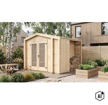 Gartenhaus aus Holz mit Doppeltür und integriertem Holzlager in einem gepflegten Gartenbereich mit Holzterrasse und Hochbeeten. (Image AI modified or generated)