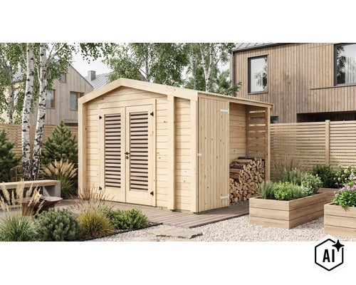 Gartenhaus aus Holz mit Doppeltür und integriertem Holzlager in einem gepflegten Gartenbereich mit Holzterrasse und Hochbeeten. (Image AI modified or generated)