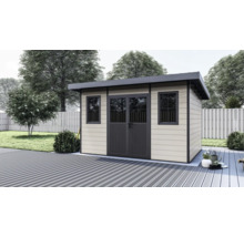 Modernes Gartenhaus mit Doppeltür, zwei Fenstern und Flachdach, Paneele in Holzoptik, auf einer Terrasse im Garten platziert.