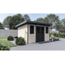 Modernes Gartenhaus mit Flachdach, Doppeltür mit Lichtausschnitten und zwei Fenstern in einem Garten auf einer Terrasse.
