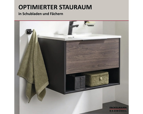 Moderner Hängewaschbeckenunterschrank mit Schublade in Holzoptik und offenem Fach für Stauraum sowie Fackelmann Badmöbel Logo.
