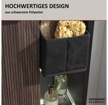 Fackelmann Badmöbel Organizer-Box aus schwarzem Polyester für Badezimmerschränke mit Schwämmen. Fackelmann Badmöbel Logo.
