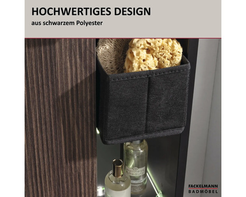 Fackelmann Badmöbel Organizer-Box aus schwarzem Polyester für Badezimmerschränke mit Schwämmen. Fackelmann Badmöbel Logo.