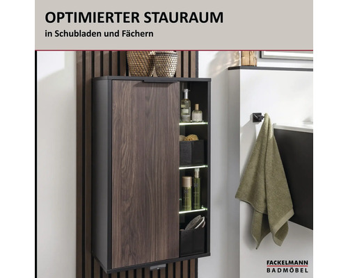 Fackelmann Badezimmer-Wandschrank mit Stauraum in beleuchteten Fächern und einer Front in Holzoptik. Fackelmann Badmöbel Logo.