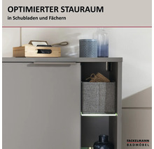 Fackelmann Badezimmerschrank mit optimiertem Stauraum in Fächern und Schubladen. Fackelmann Badmöbel Logo.