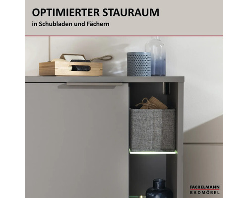 Fackelmann Badezimmerschrank mit optimiertem Stauraum in Fächern und Schubladen. Fackelmann Badmöbel Logo.