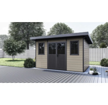 Modernes Gartenhaus mit Flachdach, Doppeltür mit Fenstern und zwei Seitenfenstern in einem Garten mit Terrasse.