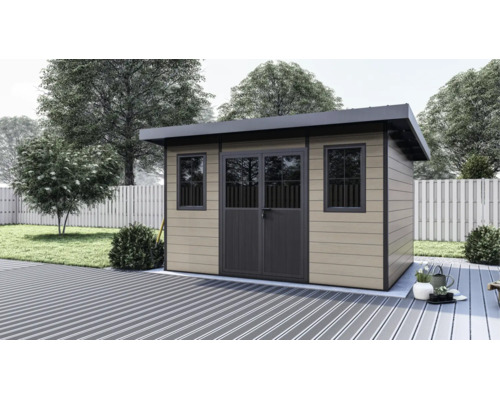 Modernes Gartenhaus mit Flachdach, Doppeltür mit Fenstern und zwei Seitenfenstern in einem Garten mit Terrasse.
