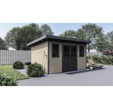 Modernes Gartenhaus mit Flachdach und Doppeltür in einem organisierten Garten mit Terrasse und Rasenfläche.