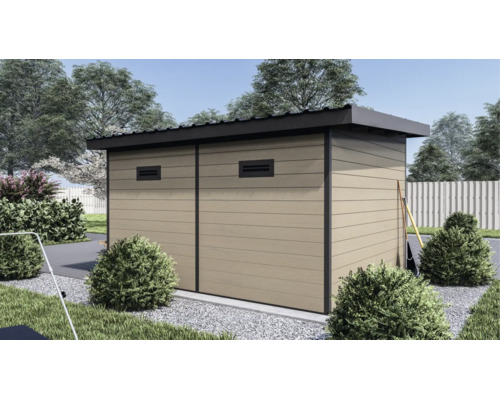 Modernes Gartenhaus mit beigen Paneelen, dunklem Pultdach und Belüftungsschlitzen in einem gepflegten Garten.