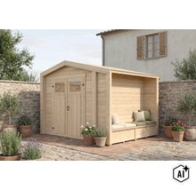 Gartenhaus aus Holz mit integriertem Sitzbereich und Doppeltür, aufgestellt auf einer Terrasse vor einer Steinmauer. (Image AI modified or generated)