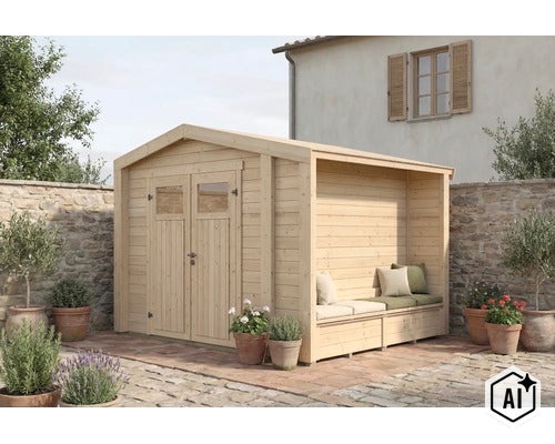 Gartenhaus aus Holz mit integriertem Sitzbereich und Doppeltür, aufgestellt auf einer Terrasse vor einer Steinmauer. (Image AI modified or generated)