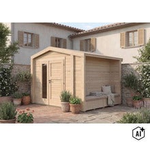 Holzgartenhaus mit integriertem überdachtem Sitzbereich auf einer Steinterrasse vor einem Wohnhaus. (Image AI modified or generated)
