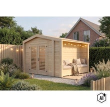 Holzgartenhaus mit Doppeltür und integriertem überdachtem Sitzbereich mit Bank im Garten. (Image AI modified or generated)