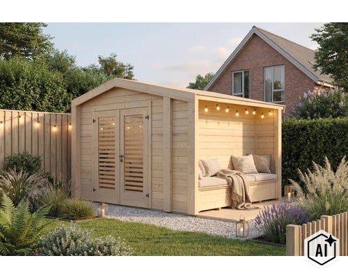 Holzgartenhaus mit Doppeltür und integriertem überdachtem Sitzbereich mit Bank im Garten. (Image AI modified or generated)