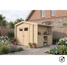 Gartenhaus aus Holz mit integriertem Schleppdach und integrierter Pflanztheke in einem bepflanzten Garten vor einem Ziegelsteinhaus. (Image AI modified or generated)