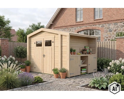 Gartenhaus aus Holz mit integriertem Schleppdach und integrierter Pflanztheke in einem bepflanzten Garten vor einem Ziegelsteinhaus. (Image AI modified or generated)