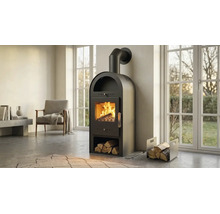 Schwarzer Kaminofen mit Rundbogen, integriertem Holzfach und brennendem Feuer in einem hellen, modernen Wohnzimmer mit großen Fenstern.