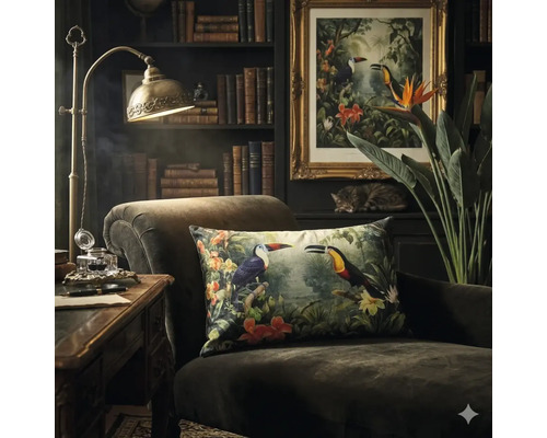 Dunkler Sessel mit dekorativem Kissen mit Tukan-Motiv in einem klassisch eingerichteten Zimmer mit Bücherregal und Messing-Schreibtischlampe.