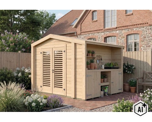 Gartenhaus aus Holz mit integriertem Unterstand und zwei Türen mit Lamelleneinsätzen in einem bepflanzten Garten vor einem Backsteinhaus. (Image AI modified or generated)