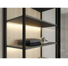 Modernes Regalsystem mit schwarzem Rahmen, integrierter LED-Beleuchtung unter den Fachböden und einer Rückwand in Holzoptik.