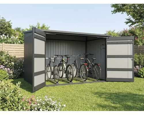 Große Fahrradgarage aus Metall mit weit geöffneten Flügeltüren im Garten, bietet Platz für drei Fahrräder.