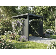 Moderner Gartenpavillon aus Metall in Anthrazit mit Flachdach und Lamellenwänden, umgeben von Pflanzen und Blumen in einem hellen Garten.