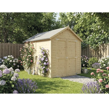 Gartenhaus aus Holz mit Satteldach und Doppeltür in einem bepflanzten Garten mit Blumen, Kiesweg und Gartengeräten.