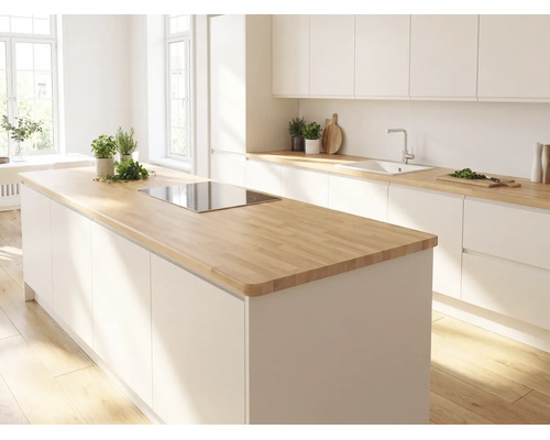Helle moderne Küche mit Kochinsel, Holz-Arbeitsplatte, weißen Schränken und eingebautem Kochfeld.