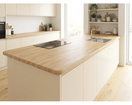 Helle moderne Küche mit großer Kücheninsel Arbeitsplatte aus hellem Holz integriertem Kochfeld und Spülbecken