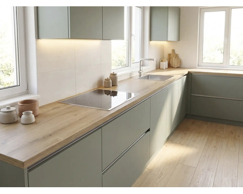 Moderne Einbauküche in L-Form mit grünen Fronten, einer Arbeitsplatte in Holzoptik, integriertem Kochfeld und Edelstahlspüle.