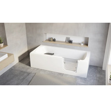 Modernes Badezimmer mit einer barrierefreien Badewanne mit Glastür und integriertem Sitz vor Wänden in Betonoptik.