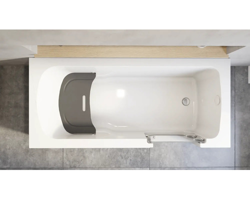 Rechteckbadewanne mit integrierter Tür und Badewannensitz in Draufsicht, in modernem Badezimmerambiente.