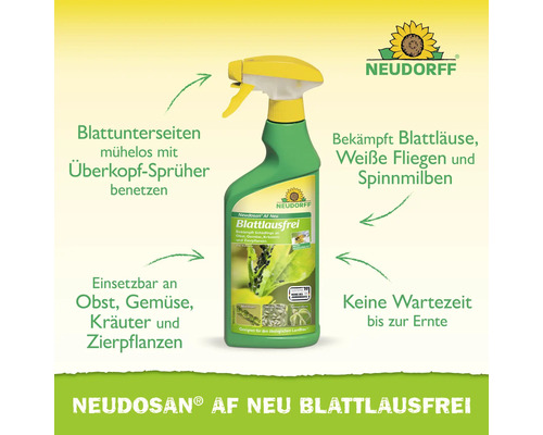 Neudorff Logo. Neudosan AF Neu Blattlausfrei Sprühflasche bekämpft Schädlinge an Obst und Gemüse. Keine Wartezeit bis Ernte. Überkopf sprühen.