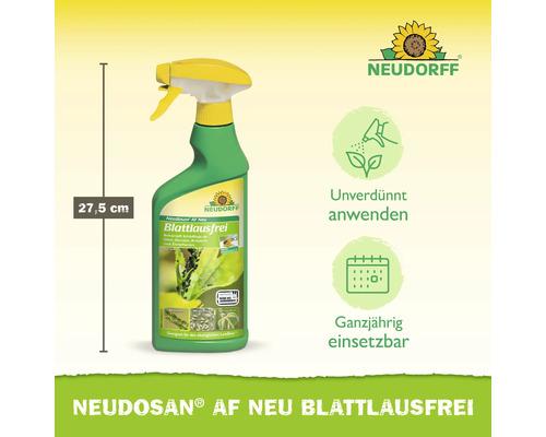 Sprühflasche Neudorff Neudosan AF Neu Blattlausfrei, 27,5 Zentimeter Höhe. Unverdünnt und ganzjährig einsetzbar. Neudorff Logo.