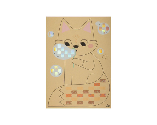 Flechtblatt mit Fuchs-Motiv aus Kraftpapier und bunten, eingewebten Papierstreifen.