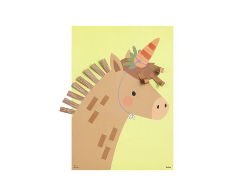 Bastelset für ein Einhorn aus Papier in Eselform mit einer Karotte als Horn.