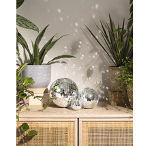 Drei verschieden große Discokugeln auf einer Anrichte aus Holz und Rattan, umgeben von Zimmerpflanzen und Lichtreflexionen an der Wand.