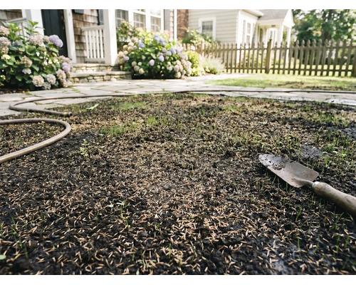 Frisch ausgesäter Rasensamen auf Erde mit einer Handschaufel und einem Gartenschlauch in einem Garten mit Steinweg und Hortensien.