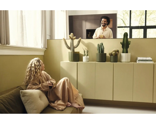 Modernes, helles Wohnzimmer mit Kakteen in Pflanztöpfen auf einem Sideboard, einer Frau auf dem Sofa und einem Mann im Hintergrund.