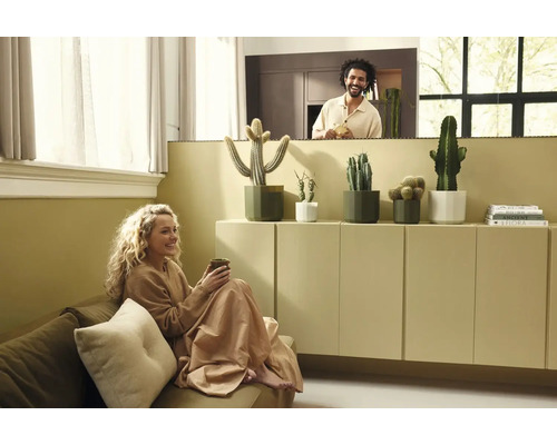 Helles Wohnzimmer mit Frau auf Sofa und Mann hinter Trennwand. Kakteen in Töpfen stehen auf einem minimalistischen Schrank.