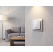 Weißer Wippschalter an einer Wand in einem hellen, modernen Wohnzimmer mit grauem Sofa, Holztisch und Stehlampe im Hintergrund.