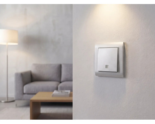 Weißer Wippschalter an einer Wand in einem hellen, modernen Wohnzimmer mit grauem Sofa, Holztisch und Stehlampe im Hintergrund.