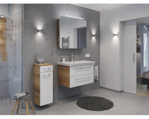 Modernes Badmöbelset in Weiß und Holzoptik, bestehend aus wandhängendem Waschbeckenunterschrank, Keramikwaschbecken und Spiegelschrank.