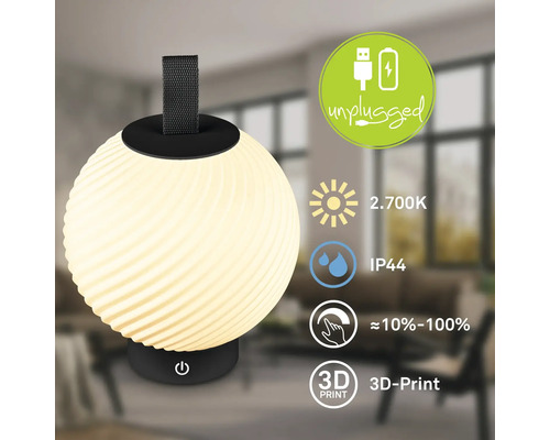 Kabellose LED-Tischleuchte, 3D-Druck, warmweiß 2700 Kelvin, IP44 spritzwassergeschützt, dimmbar zirka 10 bis 100 Prozent, USB-aufladbar.