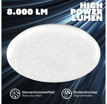 Runde LED-Deckenleuchte mit 8.000 Lumen, Sternenhimmeleffekt und stufenweiser Dimmfunktion.