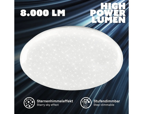 Runde LED-Deckenleuchte mit 8.000 Lumen, Sternenhimmeleffekt und stufenweiser Dimmfunktion.