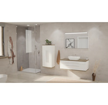 Modernes Badezimmer mit Glasdusche, weißem Waschbeckenunterschrank, Aufsatzbecken, weißem Mittelschrank und großem Spiegel mit Beleuchtung.